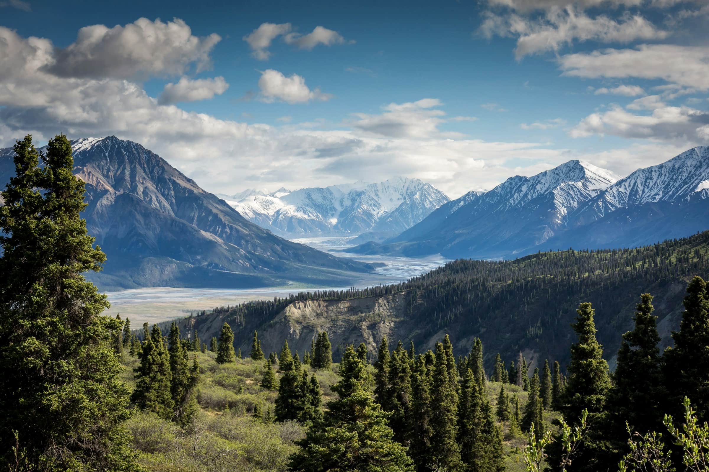 Snow peaks over a broad forested valley, Kluane, Yukon
