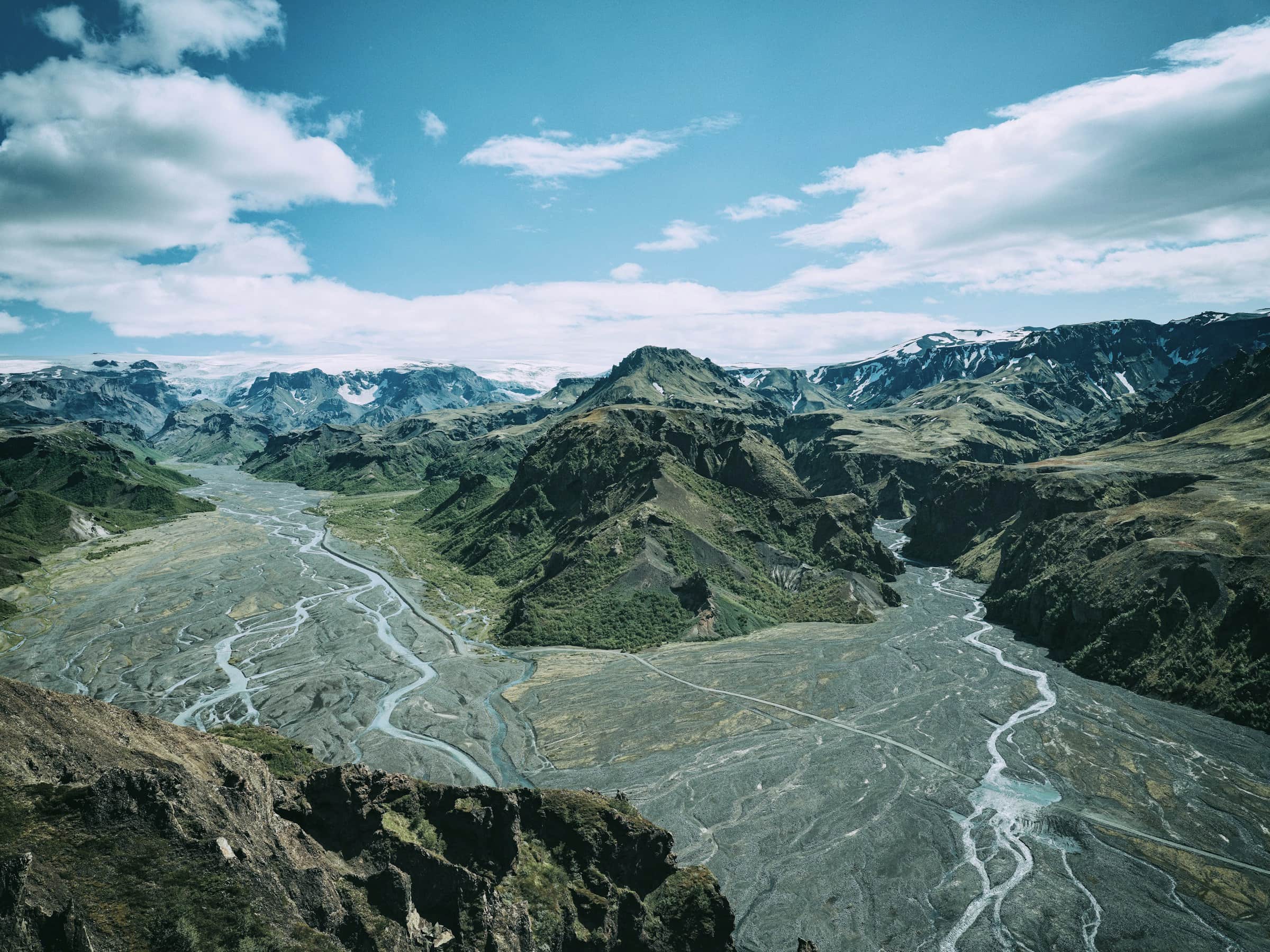 A glacial valley with braided rivers from the air, Thorsmork, Iceland