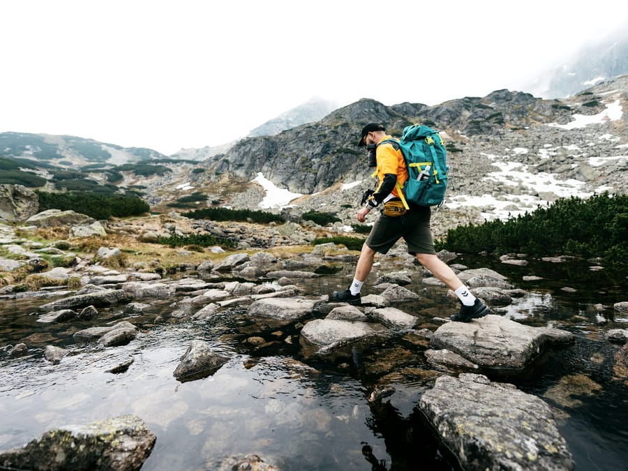 A technical pack on a stream crossing in the Tatra mountains